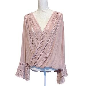 By Together Blush Pink Crossover Lace Bell-Sleeve Blouse Top Women’s Large